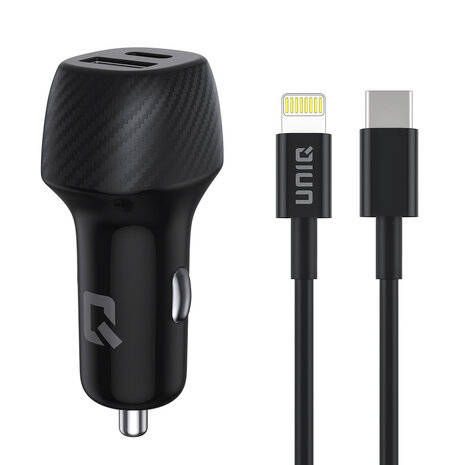 Op de foto staat een compacte autolader met bijpassende USB-C-naar-Lightning-kabel, bedoeld om onderweg snel en veilig je smartphone of tablet in de auto op te laden. Het apparaat heeft een slank, cilindrisch ontwerp in glanzend zwart plastic met een matte carbon-fiber-structuur aan de bovenkant en een losse kabel met stevige nylon buitenlaag. Je steekt de lader in de sigarettenaanstekerpoort en sluit je toestel aan om zonder gedoe met meerdere adapters onderweg stroom te krijgen. De autolader is ideaal voor forenzen, zakelijke reizigers en gezinnen die graag meerdere apparaten opgeladen willen houden tijdens autoritten. Opvallende pluspunten zijn de dubbele USB-poort voor gelijktijdig laden, de meegeleverde, robuuste kabel en het compacte formaat dat probleemloos in elk dashboardkastje past.